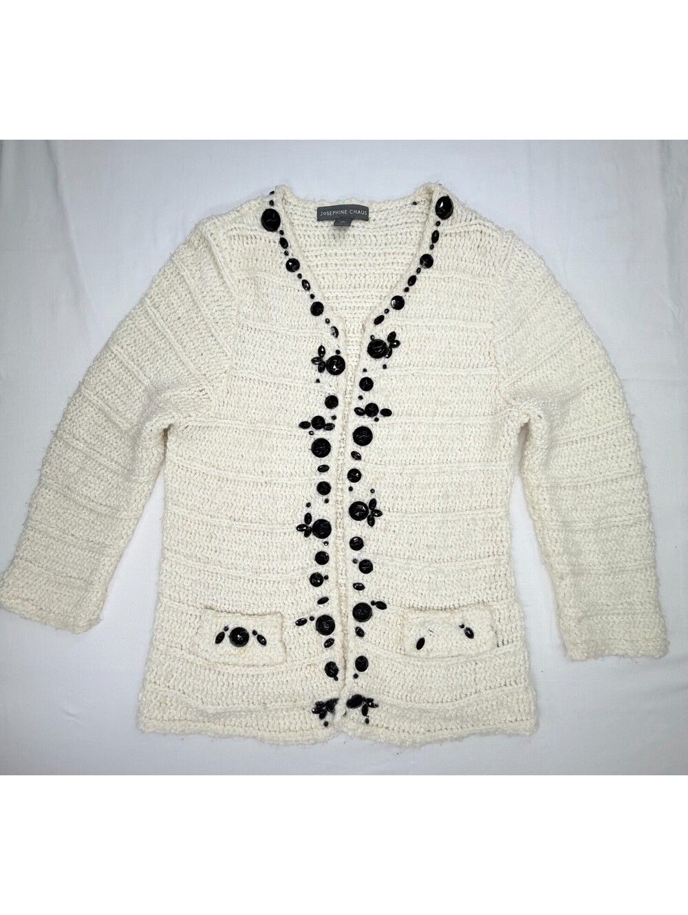 Vintage Josephine Chaus Women's Cardigan Sweater Waffle Knit  Size L Ivory